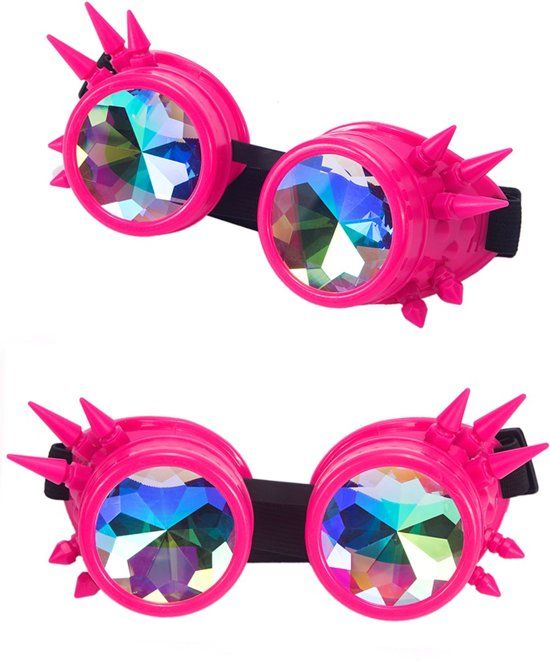 KIMU Kaleidoscoop goggles bril roze met spikes - glas neon fluor blacklight diamant kaleidoscope space caleidoscoop cyber holografisch - festival carnaval steampunk Burning Man