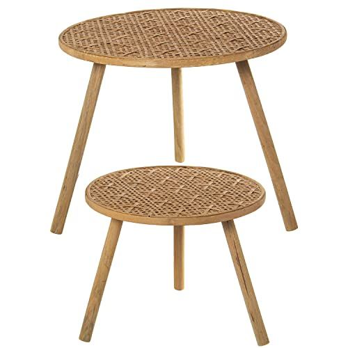 DRW Set of 2 Round Tables Wood and Rattan Natural Colors 55 x 46 cm and 44 x 36 cm