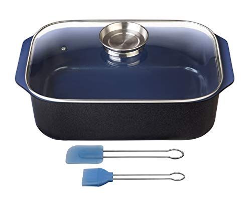 GSW Ceramica kobaltblauwe inductie braadslede met glazen aroma-deksel 40 x 26 cm - 8 liter - incl. Bakkwastenset 2-delig