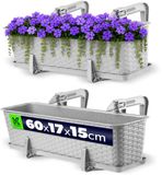 KADAX Balkonpot met onderzetter, plantenbak, balkonbak met wateropeningen, bloembak voor rozen, oleander, imitatie rotan (60 cm, met houders, lichtgrijs)