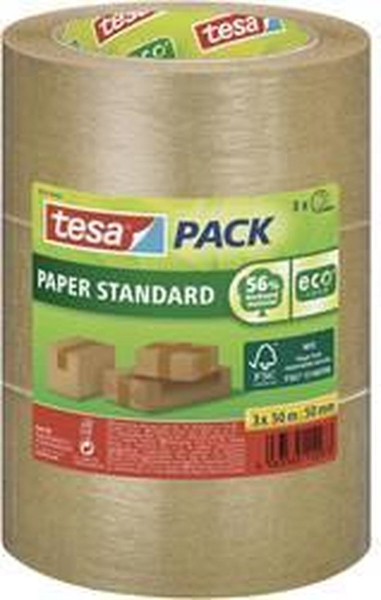 tesa tesapack Paper Standard - Milieuvriendelijke Papieren Verpakkingstape, 56% Biologische Materialen - Efficiënt en Recyclebaar - Bruin - 3x 50 m x 50 mm