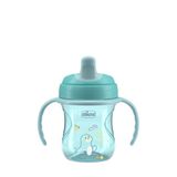 Chicco Training Cup, druppelvrije kunststof leerbeker voor een kind, om te leren drinken, ergonomische halfzachte snavel, ventiel en afneembare handgrepen, 6 maanden, BPA-vrij, azuurblauw