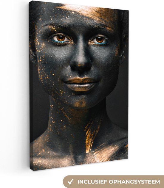 OneMillionCanvasses Canvas schilderij - Vrouw - Verf - Zwart - Goud - Portret - 90x140 cm