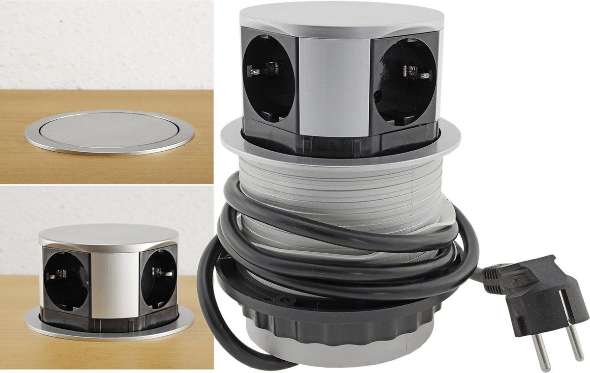 Chilitec GmbH Verticale Stekkerdoos - Pop up stekkerblok met 4 stopcontacten - Ø 100mm Inbouw Verdeelstekker met 1.5 meter kabel - Stekkerblok voor max. 3600 Watt