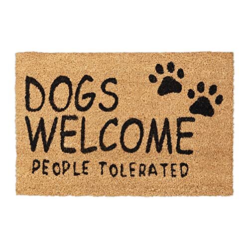 Relaxdays deurmat kokos, dogs welcome, 60x40 cm, rubberen onderkant, binnen, buiten, hal, weervast, kokosmat, natuur