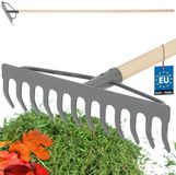 KOTARBAU® Tuinhark, Gazonhark, Bladhark, Metaal, 31 cm, Grijs & Naturel, Tuinhark voor Gazon, Met Houten Steel, 12 Tanden, Stevige Hark, Waaierbezem, Robuust Tuingereedschap