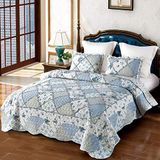 VIVILINEN Gewatteerde sprei Coverlet Set 3-delige Bloemen Patchwork Omkeerbare Quilt Set voor Full/Queen Size Bed Cover met Kussenslopen (Blauw, Full/Queen Size (87" x 94"))