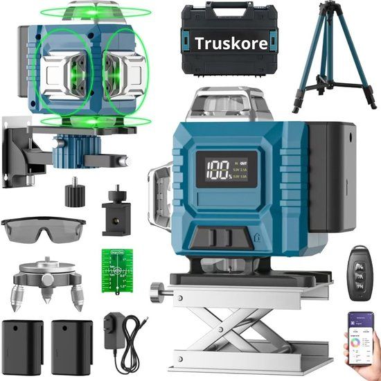 Truskore Kruislijnlaser Met Statief - 4D Professionele Bouwlaser - 50 Meter Meetbereik - Zelfnivellerend - 360 Graden - Laser Waterpas - Lijnlaser - Complete set