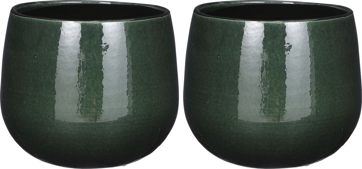 Mica Decorations - Plantenpot/bloempot - keramiek - donkergroen - D18/H16 cm - 2 stuks