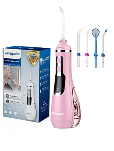 NPO Waterpulse Cordless Water Flosser, werkt op batterijen en draagbaar, voor op reis en thuis, V500 (roze)