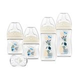 DODIE Set van 4 babyflessen, anti-koliek, multi-geperforeerde fopspeen (2 x 150 ml en 2 x 270 ml), een fopspeen voor geboorte, blauw
