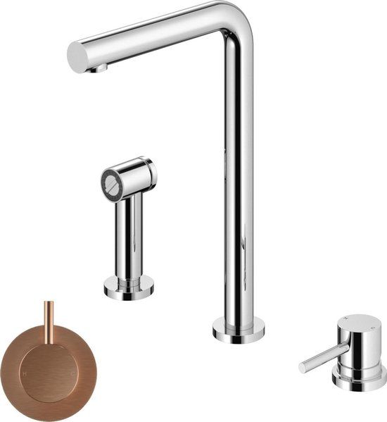 Hotbath Fellow Keukenmengkraan - 3-gats - Draaibare Uitloop & Uitneembare Handdouche - Geborsteld Koper