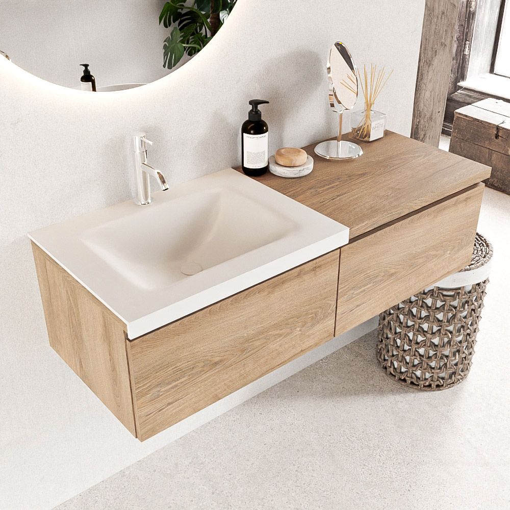 Mondiaz Bukla badmeubel links 2 lades en 1 kraangat 120 washed oak en talc