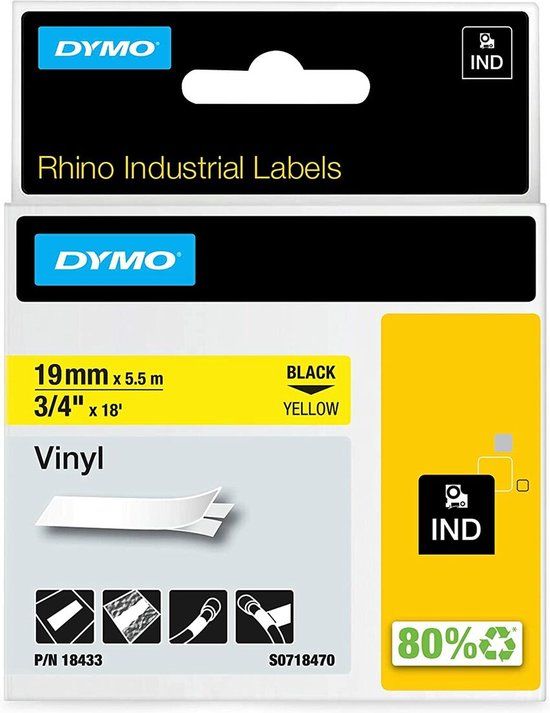 DYMO Rhino Vinyl Labels - 19mm x 5.5m - Black on Yellow