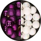 Decoris Kleine Kerstballen - 28x stuks - Parelmoer Wit en Paars - 3 cm - Kunststof