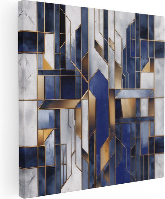 Artaza Canvas Schilderij Blauw en Goud Geometrisch Patroon 90x90 cm