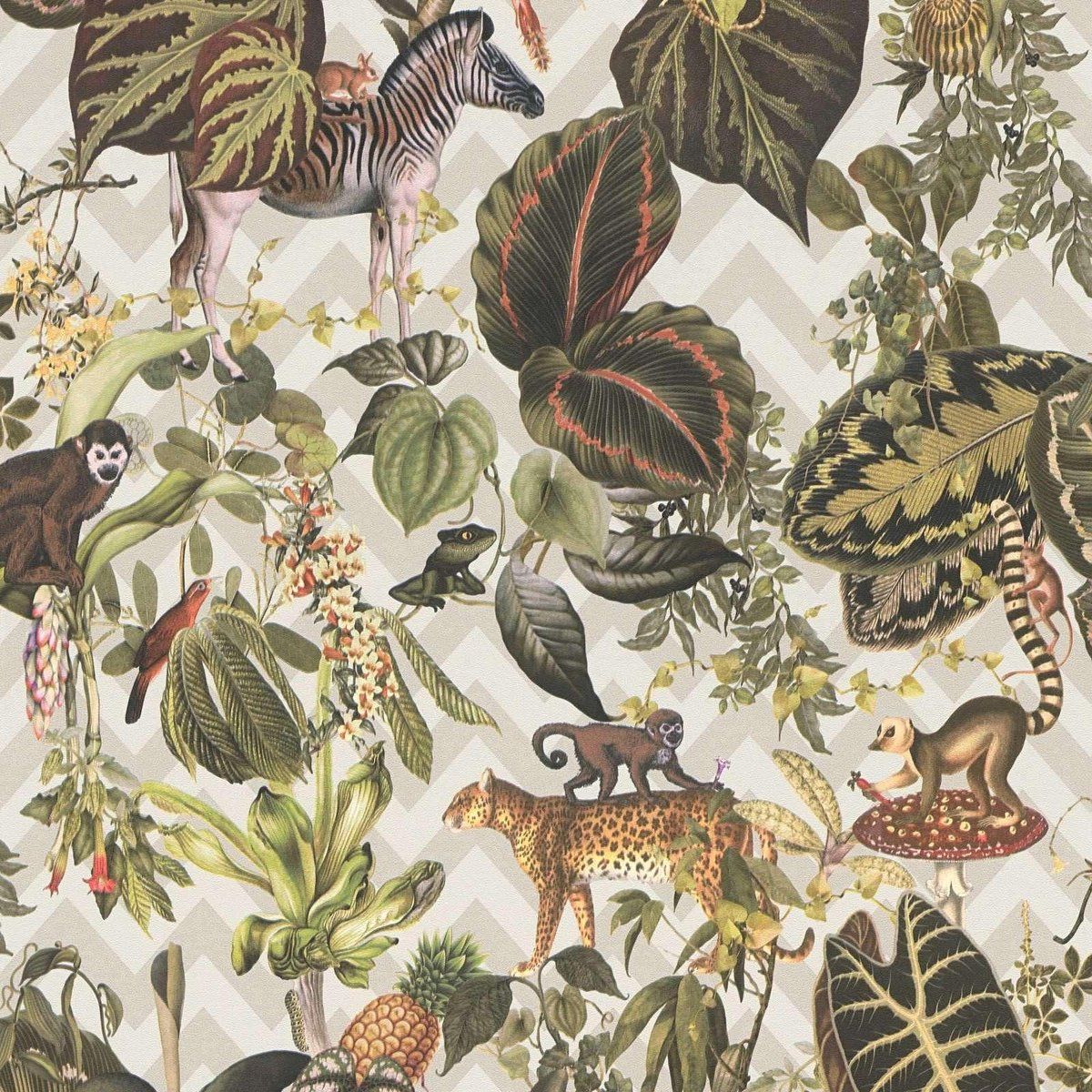 A.S. Création MICHALSKY - Jungle behang - dieren met tropische bladeren - beige meerkleurig - 1005 x 53 cm