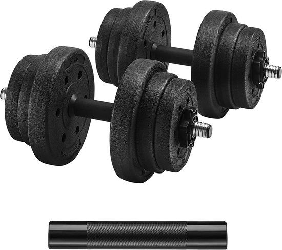 SONGMICS Verstelbare kunststof halterset met stalen verbindingsbuis, korte halterset, 20 kg, workout fitness training, 1 paar