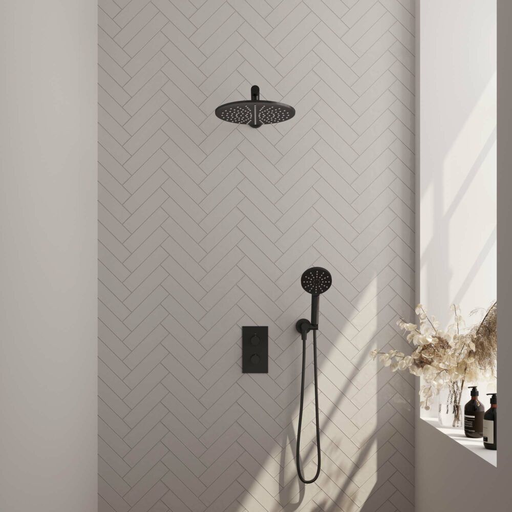 Brauer Black Carving thermostatische inbouw regendoucheset met 2-weg omstel 40cm rechte wandarm met 30cm ronde hoofddouche 3 standen ronde handdouche 150cm gladde doucheslang met aansluitbocht en handdouchehouder Zwart mat 5-S-128