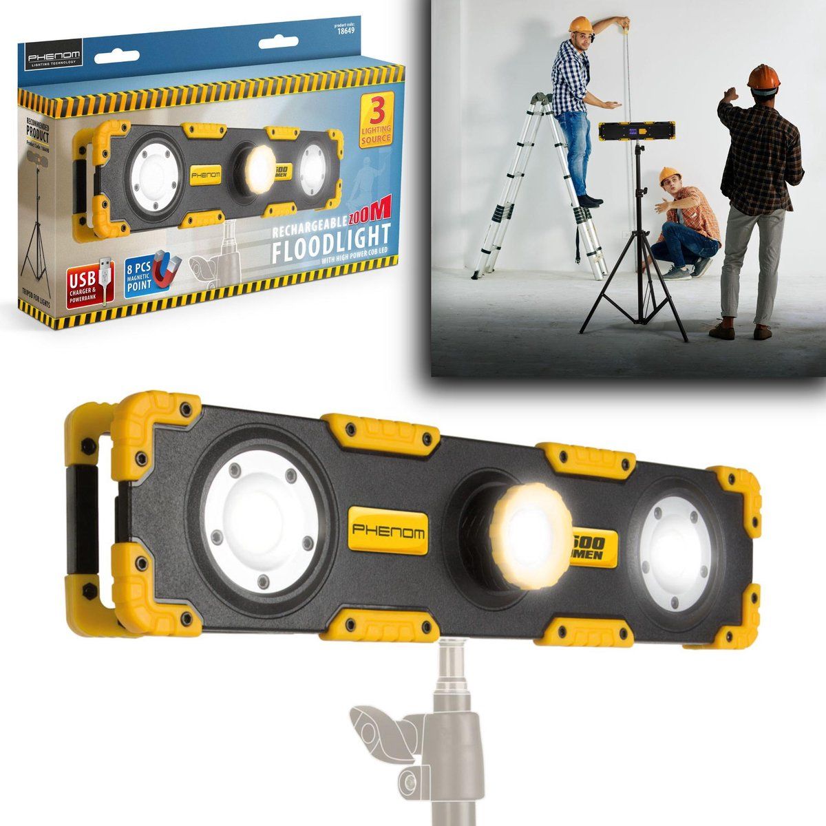 Phenom Bouwlamp LED - Oplaadbaar via USB - Magnetisch
