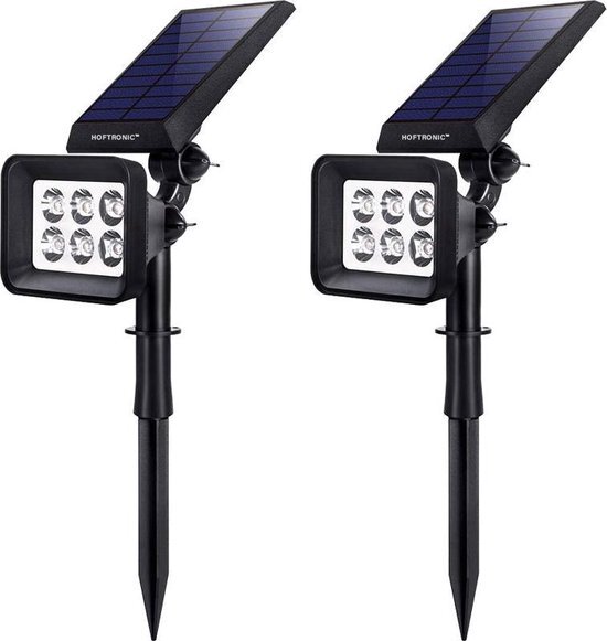 HOFTRONIC 2x Reno - Solar Tuinspot - Zwart - IP65 Waterdicht - Schemerschakelaar - Tot 10 uur brandtijd - Kantelbaar - Winter solar - 3000K Warm Wit (sfeervol) - Tuinverlichting op zonne-energie - Ook als wandlamp te gebruiken