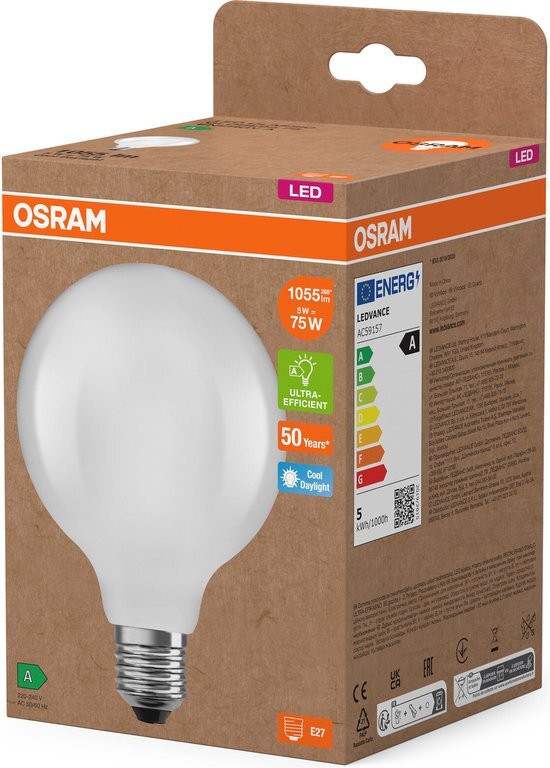 OSRAM LED-Lampe in klassischer Globeform, mit dekorativem LED-Filament im Frosted Design, Energieeffizienzklasse A, E27, 5 W, 1055 lm, 6500 K, tageslichtweiß. Ohne Aufwärmen, sofort 100 % Licht.