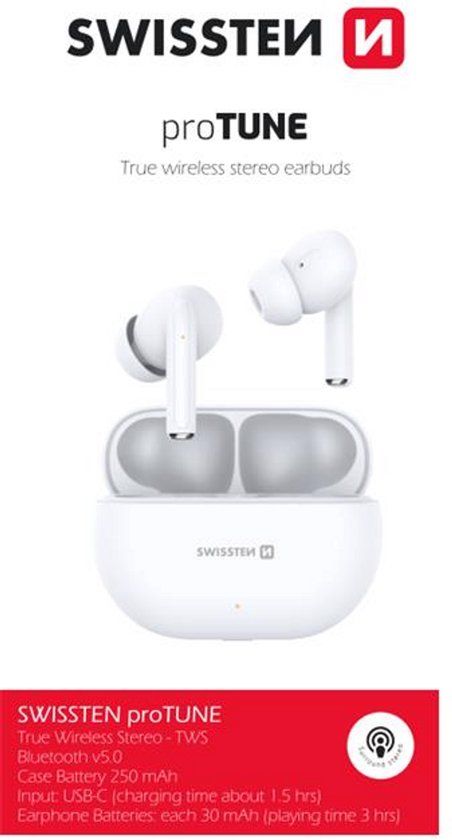Swissten proTUNE Earbuds - Draadloze Bluetooth Oordopjes - In-ear Headset - Oplaadcase - Wit