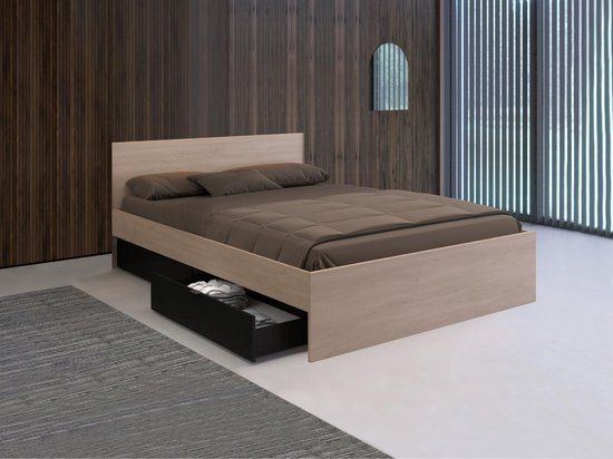 Merkloos Bed met 2 lades 160 x 200 cm - Zwart/Houtlook - VELONA L