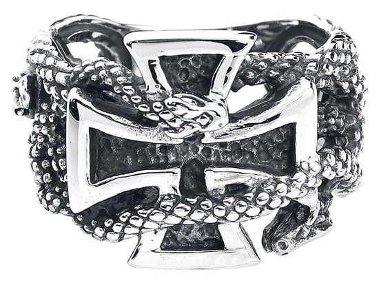 etNox hard and heavy etNox Eiserne Kreuz mit Schlangen Heren Ring - zilverkleurig
