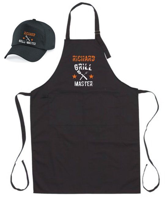 Mijncadeautje BBQ-schort - Grill Master met Bestek - met naam - zwart - XXL 97 x 68 cm - gratis Barbecue cap