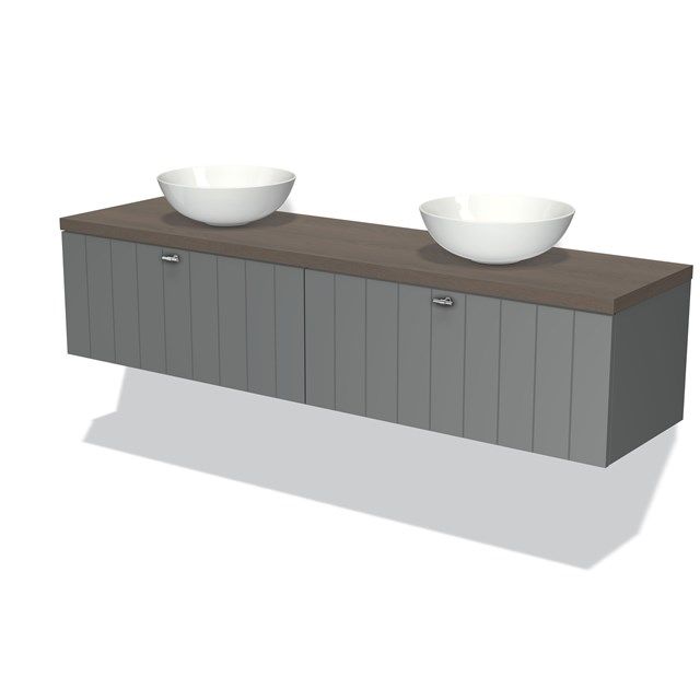 Maxaro Badkamermeubel Modulo Plato 180cm Middengrijs 2 Lades Lamel Donkerbruin Eiken Blad