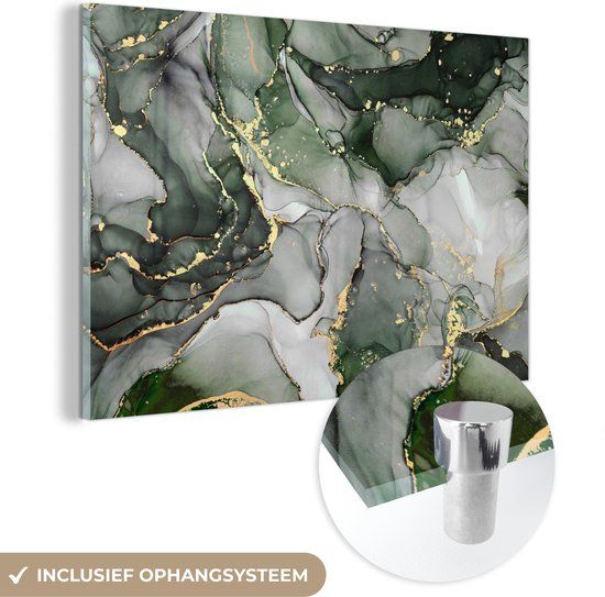 MuchoWow® Glass Painting 120x80 cm - Acrylic Glass Painting - Luxury - Marble - Green - Photo on Glass - Paintings