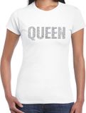 Bellatio Decorations Glitter Queen T-shirt Wit met Steentjes/Rhinestones voor Dames - Glitter Kleding/Foute Party Outfit XS