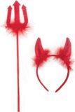 Funny Fashion Duivels verkleed setje - hoorntjes diadeem en trident - rood