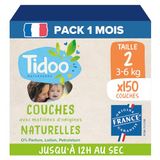 TIDOO - Milieuvriendelijke luiers maat 2 (3-6 kg) – natuurlijke oorsprong, vrij van schadelijke stoffen – 12 uur droog, zeer absorberend – gemaakt in Frankrijk – 150 wegwerpluiers – verpakking 1 maand