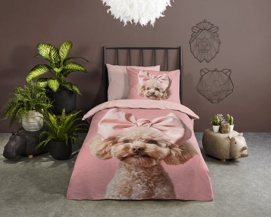Good Morning dekbedovertrek hond/ poedel - 1 persoons 140x200/220 cm - Roze - 100% Katoen renforce