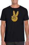 Bellatio Decorations Shoppartners Bv Flower Power t-shirt - zwart - gouden glitter peace hand - voor heren - Hippie - Sixties - jaren 60 verkleedkleding - Carnaval XL