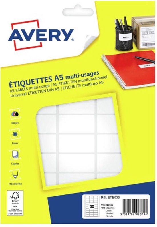 Avery ETE030 printeretiket Wit Zelfklevend printerlabel