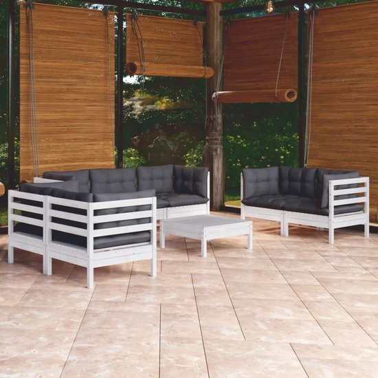 The Living Store Tuinset Grenenhouten Loungeset - Wit - 63.5x63.5x62.5 cm - Met kussens - Modulair