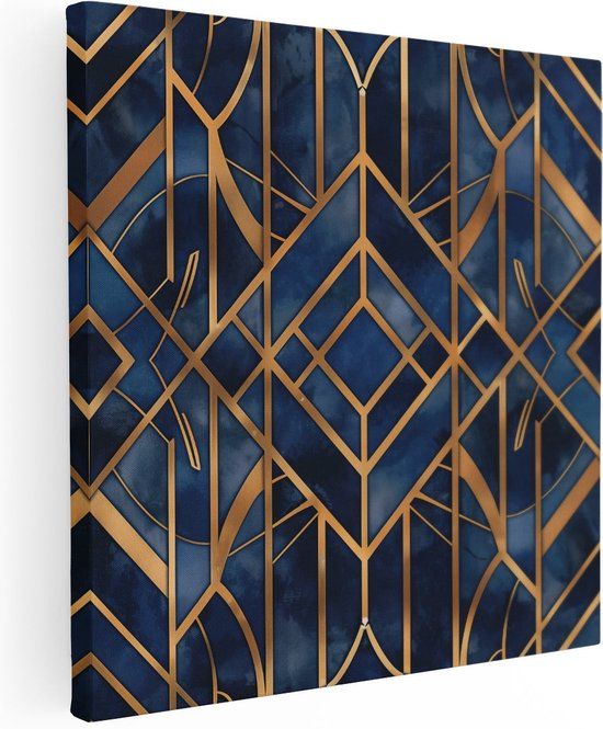 Artaza Canvas Schilderij Art Deco Patroon Blauw/Goud 70x70cm - Wanddecoratie Print
