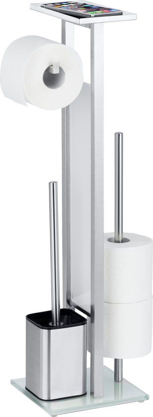 WENKO Toiletstandaard 4 in 1 RVS mat - toiletborstel reserverolhouder rolhouder en telefoonplakje