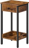 Merkloos Hoge slanke bijzettafel met lade en plank - Industrieel nachtkastje voor slaapkamer en woonkamer - Ruimtebesparende telefoontafel - 38x29x70 cm - Rustiek bruin en zwart Nachtkastje