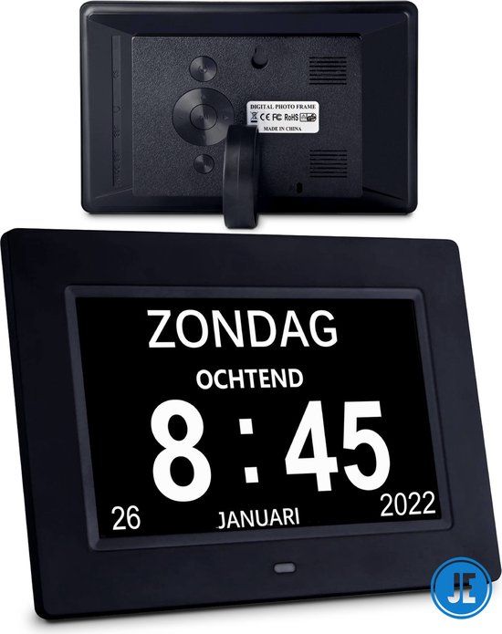 J.E® Dementieklok - Kalenderklok voor Dementie - Alzheimerklok - Klok met Datum en Dag - Zwart - Incl. Afstandbediening