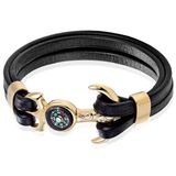 Mendes Lookinggoodtoday Heren armband Nautisch leer kompas Edelstaal anker Goudkleurig Zwart