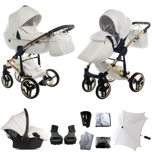 Junama Originele Diamond Individuele kinderwagen kinderwagen kinderwagen reissysteem 2in1 3in1 4in1 + slaapzak + muffs + paraplu + originele accessoires exclusieve kinderwagens (3in1, witgoud 04)