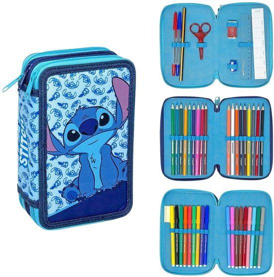 Lilo & Stitch Gevulde Etui - 3 Vaks Pennenetui - 44 delig - Blauw