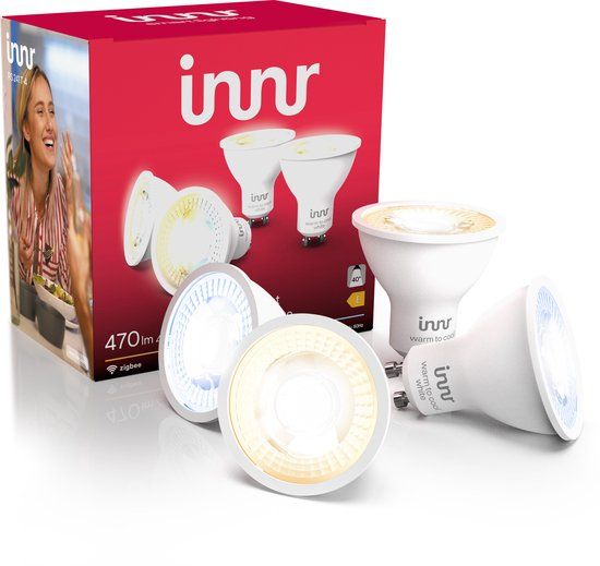 innr Zigbee GU10 slimme gloeilamp, werkt met Hue* en Alexa (brug vereist), warm-witte spot, led-lamp, dimbaar, 470 lumen, 4 stuks
