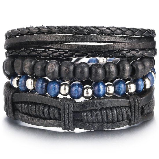 LGT JWLS Lookinggoodtoday Armbanden set zwart leer en zilverkleurige kralen
