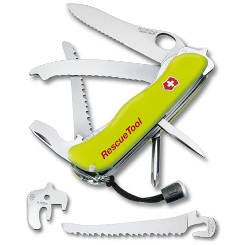 Victorinox Taschenmesser Rescue Tool MW (13 Funktionen, Einhand-Klinge feststellbar, Kapselheber, mit Wellenschliff), 111 mm, gelb nachleuchtend