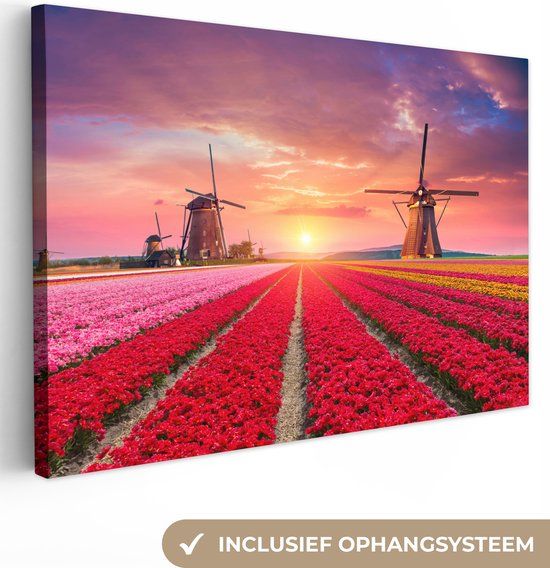 OneMillionCanvasses Canvas Schilderij Nederlands Landschap met Bloemen 140x90 cm - Wanddecoratie